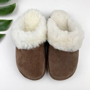 Old Friend Scuff Slippers Brown Leather Sheepskin Slip On Women's 6.5 7.5 Wide